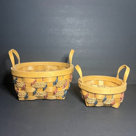 VTG Matching Set of 2 Tan, Red & Blue Roped Twisted Wicker Baskets w/ Handles - Picture 1 of 12